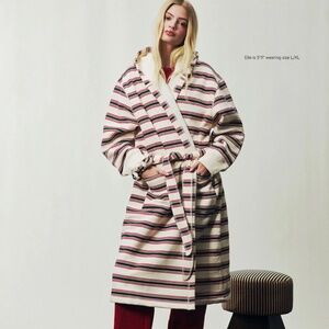 PARKE Holiday Robe Cozy Soft Eggnog Stripe Hooded S/M